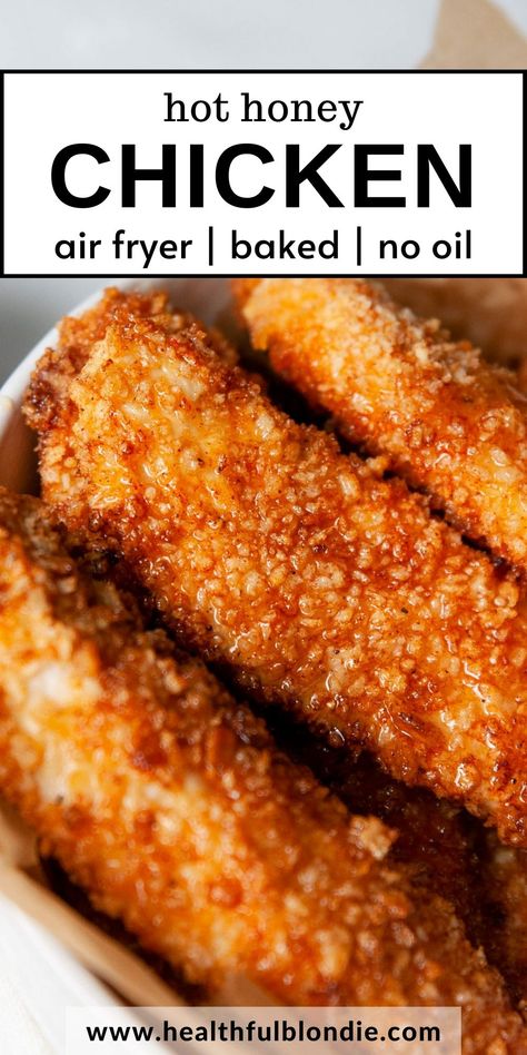 These are the crispiest hot honey chicken tenders glazed in a butter-free, sweet and spicy sauce and coated in a crunchy breading. Make them in your air fryer or oven without oil for an easy appetizer or weeknight dinner. Easily make them gluten-free! Gluten Free Hot Honey Chicken, Hot Honey Recipe Chicken Tenders, Buffalo Honey Chicken Tenders, Healthy Air Fryer Recipes Gluten Free, Hot Honey Chicken Air Fryer, Hot Honey Chicken Tenders Air Fryer, Gluten Free Chicken Fingers, Chicken Tenders Air Fryer, Hot Honey Chicken Tenders