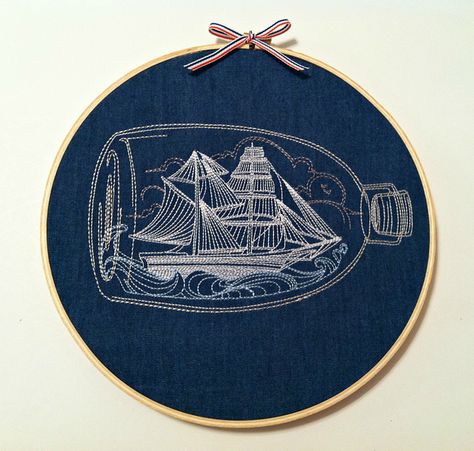 Hoop Art Wall Decor, Nautical Embroidery, Hoop Art Wall, Home Embroidery Machine, Ship In A Bottle, Nautical Crafts, Embroidery Hoop Wall Art, 자수 디자인, Embroidery Hoop Art