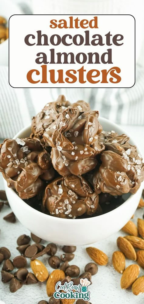 chocolate covered almond clusters topped with sea salt in a bowl Chocolate Covered Almonds Recipe, Chocolate Almond Clusters, Candy Bar Recipes, Almond Clusters, Candy Bar Recipe, Chocolate Clusters, Christmas Candy Easy, Bark Recipes, Chocolate Slice