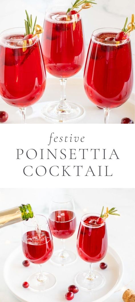 Poinsettia Punch Recipe Champagne, Christmas Cocktails With Fireball, Signature Holiday Drinks, Poinsettia Drink Champagne, Pom Juice Cocktail, Pointsetta Cocktail, Christmas Cocktails With Prosecco, Red Christmas Drink, Prosecco Cocktails Christmas