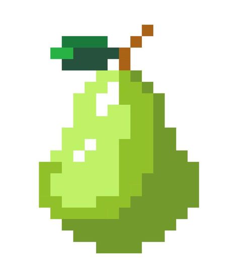 Ripe pear fruit with green leaf, pixels icons Green Pixel Background, Pixel Fruit Art, Fruit Pixel Art, Pear Fruit, Very Hungry Caterpillar, Hungry Caterpillar, Fruit Art, Green Leaf, Vector Background