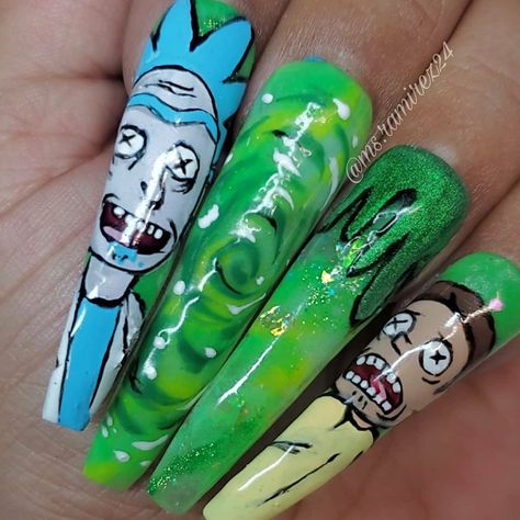 Rick and morty nails Witchy Nail Ideas, Rick And Morty Nails, Cartoon Nail Art, Funky Nail Designs, Crazy Nail Art, Witchy Nails, Art Deco Nails, Punk Nails, Nail Drawing