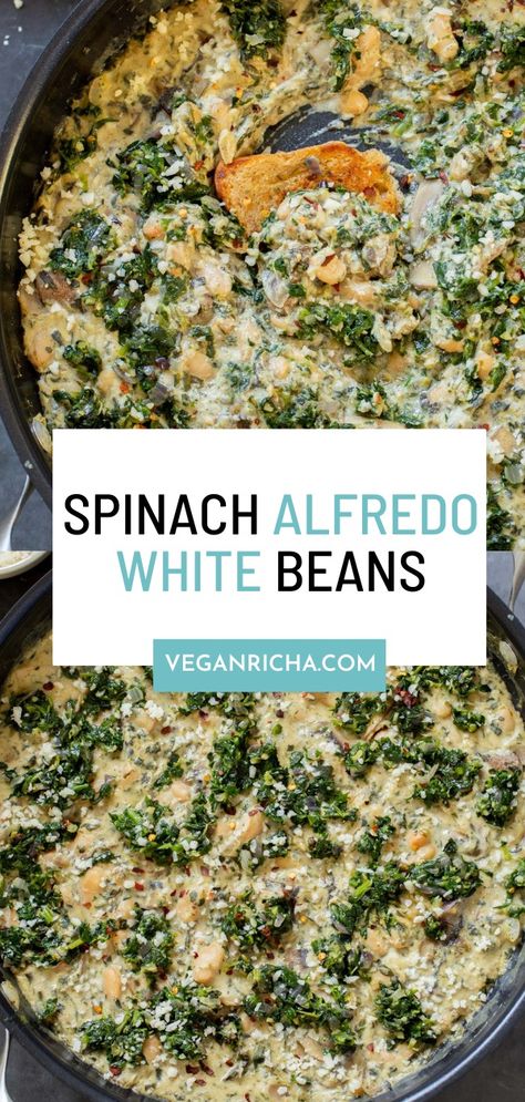 This is a garlicky vegan white bean and mushroom alfredo with my amazingly creamy alfredo sauce and sautéed spinach. It is hearty and amazingly delicious with some toasted sourdough, garlic bread, pita bread, or flatbread of choice. It’s also great served over pasta or cauliflower steaks! 30 minutes, 1-pan, soy-free with gluten-free and nut-free options Sourdough Garlic Bread, Frozen Cauliflower Recipes, Mushroom Alfredo, Vegan Alfredo Sauce, Creamy Alfredo Sauce, Cauliflower Alfredo, Spinach Alfredo, Vegan Alfredo, Garlic Spinach