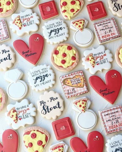 Pizza My Heart Cookies, Love And Pizza Engagement Party, That’s Amore Pizza Party, Pizza Wedding Shower Ideas, Pizza Sugar Cookies Decorated, Fun Wedding Food Ideas, Pizza And Wings Before The Rings, Pizza Themed Bridal Shower Ideas, Thats Amore Engagement Party