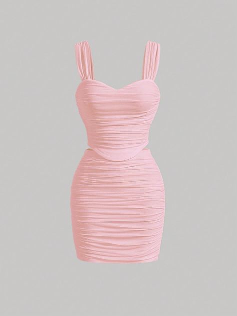 SHEIN MOD Ruched Cami Top & Bodycon Skirt | SHEIN USA Baby Pink Dress Short, Ruched Bodycon Dress Pink, Cheap Non-stretch Pink Dress, Cheap Pink Mini Bodycon Dress, Cheap Pink H&m Dresses, Pink Mini Bodycon Dress With Ruched Bodice, Black Bodycon Skirt, Wide Straps Top, Cotillion Dresses