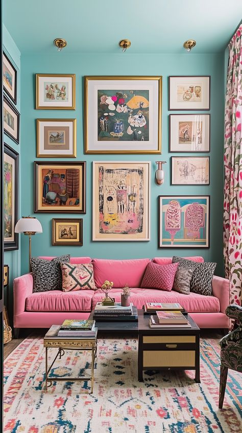 Transform Your Space: Top 10 Affordable Home Decor Trends for Gen Z in 2025 — Living Bright Interiors Girly Hangout Room, Maximalism Home Decor, Pink Couch Decor, Colourful Living Room Decor Small Spaces, Gen Z Interior Design, Teal And Pink Living Room, Interior Trends 2024 2025, Electric Home Decor, Apartment Decor Colorful