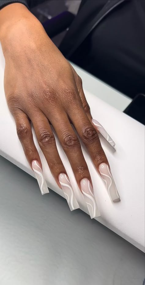 White On White Nail Designs, White Detail Nails, Off White Nails Designs, Unique White Nails, White Design Acrylic Nails, White On White Nails, White Graduation Nails, White Design Nails, White Abstract Nails