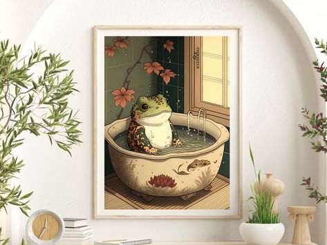 Matsumoto Hoji Frog Printable Wall Art Print, Japanese Painting, Vintage Poster, Animal Art, Funny Animal Print, Gift, Bathroom Spa Wall Art - Etsy Australia Pond Themed Bathroom, Japanese Bathroom Decor, Frog Themed Bathroom, Paintings For Bathroom, Art For The Bathroom, Spa Artwork, Frog Printable, Frog Bathroom, Spa Wall Art