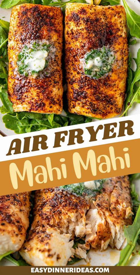 Craving a delicious fish dish that feels like it came straight from a restaurant kitchen? Try this Air Fryer Mahi Mahi recipe, ready in under 10 minutes. Perfect for a quick weeknight meal or impressing guests at a dinner party, this dish features Mahi Mahi seasoned with a blend of dried spices and topped with rich, homemade garlic herb butter. Mahi Mahi Dinner, Air Fryer Mahi Mahi, Mahi Recipes, Mahi Mahi Recipe, Mahi Mahi Recipes, Dried Spices, Pasta Bread, Sandwich Lunch, Recipes Chili