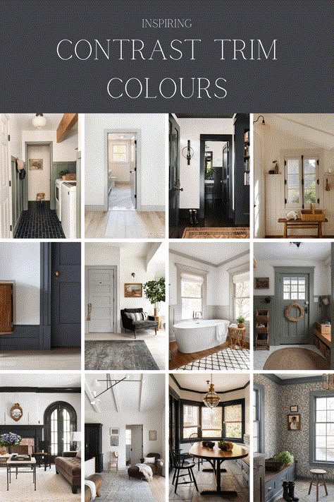 Contrast Trim Colour Inspiration - Making it in the Mountains Dark Contrast Trim, White Wall Colored Trim, Baseboard Colors, Light Walls Darker Trim, Dark Baseboards, Door And Trim Paint, Black Trim Interior, Trim Paint Color, Dark Trim