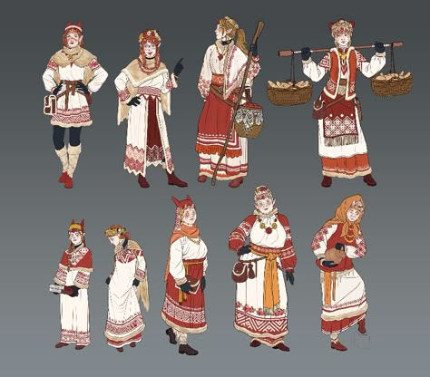 Nordic Folklore Art, Norwegian Character Design, Slavic Folk Clothing, Russian Character Design, Ancient Slavs, Slavic Clothing, Scandinavian Folklore, Slavic Folklore, Folk Clothing