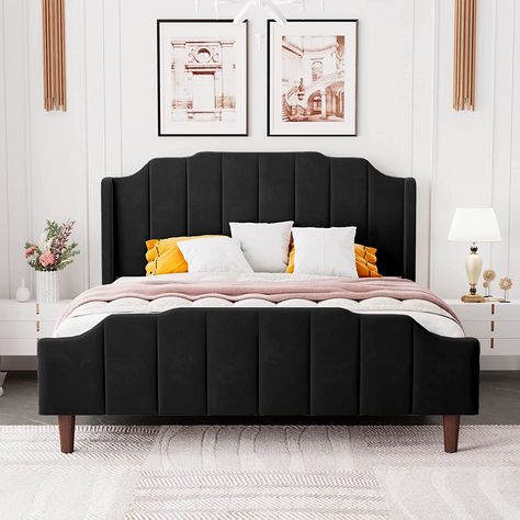 Amazon.com: HOOMIC Queen Size Upholstered Platform Bed with Curved Velvet Wingback Headboard and Footboard,Solid Wood, No Box Spring Needed, Easy Assembly, Navy Blue : Home & Kitchen Black Platform Bed, Geometric Headboard, Velvet Bed Frame, Modern Bed Frame, Velvet Upholstered Bed, Queen Size Platform Bed, Wingback Headboard, Comfortable Furniture, Queen Size Bed Frames