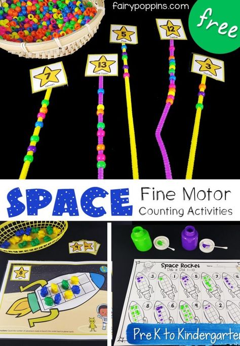 These FREE space counting activities help kids develop their fine motor and counting skills. They focus on the numbers 1 to 20. #tenframes #countingactivities #countingworksheets #preschoolmath #kindergartenmath #spaceunit #spacetheme #handsonmath #freeprintables #homeschool Space Fine Motor, Space Activities Preschool, Space Lesson Plans, Outer Space Activities, Solar System Activities, Space Theme Preschool, Space Activities For Kids, Space Lessons, Space Preschool