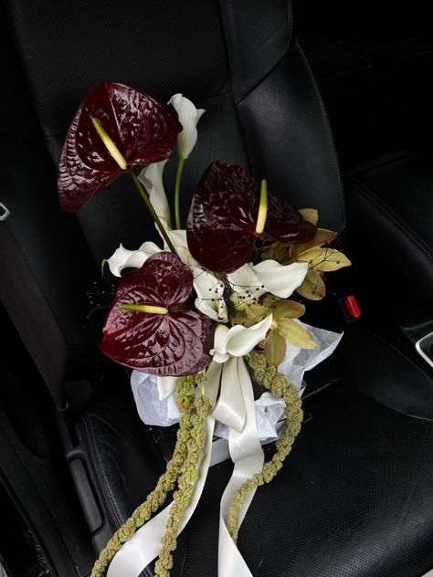 #anthurium #bridal #wedding #flowers #bouquet #floristmalaysia Non Traditional Bridal Bouquets, Floral Design Bouquet, Two Flower Bouquet, Anthurium Flower Bouquet, New Years Bouquet, Brown Anthurium, Anthurium Wedding Bouquet, Tulips Wedding Bouquet, Moody Floral Arrangements