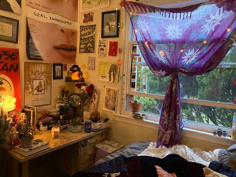 Tapestry Over Window, My Aesthetic Room, Twee Aesthetic Bedroom, Twee Aesthetic Room, Wizardcore Room, Whimsical Maximalist Decor, Whimsygoth Bedroom Ideas, Whimsigoth Dorm Room, Whismgothic Bedroom