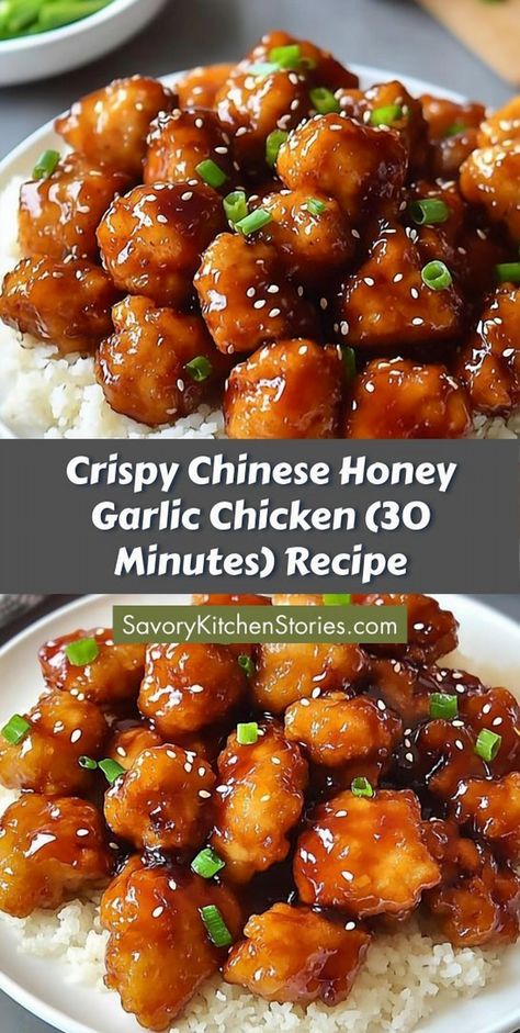 Need a tasty dinner option in a hurry? Try this Crispy Chinese Honey Garlic Chicken, ready in only 30 minutes! It's a flavorful dish that's ideal for those hectic weeknights. Be sure to keep this recipe handy for your next dinner inspiration! Crispy Chinese Honey Garlic Chicken, Honey Garlic Chicken Chinese, Chinese Food Dinner Ideas, How To Make Chinese Chicken, Crispy Chinese Chicken Recipes, Best Chinese Chicken Recipes, Chicken And Rice Recipes Chinese, Chinese Honey Chicken Recipe, Easy Homemade Chinese Food