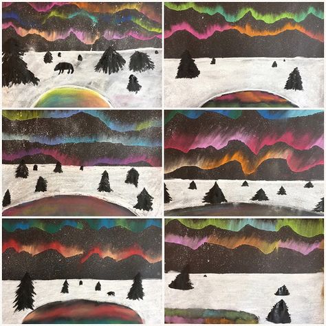 Art Room Britt: Aurora Borealis (Northern Lights) Mixed Media Northern Lights Art Project, Paint On Black Paper, Aurora Borealis Painting, Aurora Borealis Art, Grade 1 Art, Northern Lights Art, Winter Art Lesson, Northern Lights Painting, Night Sky Art