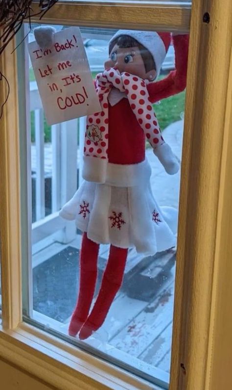 Elfs Coming Back, Living Room Elf On The Shelf, Elf Welcome Back Ideas Funny, Elf On The Shelf Ideas For When They Come Back, Elf Came Back Ideas, Elf On The Shelf Ideas Back Home, Funny Elves On The Shelf Ideas, Elf Babies Ideas, Elf On The Shelf Arrival Ideas Window