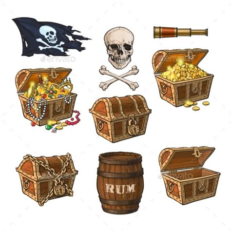 Jewels Illustration, Rum Barrel, Pirate Props, Jolly Roger Flag, Golden Coins, Treasure Chests, Pirate Treasure Chest, Ancient Jewels, Golden Coin