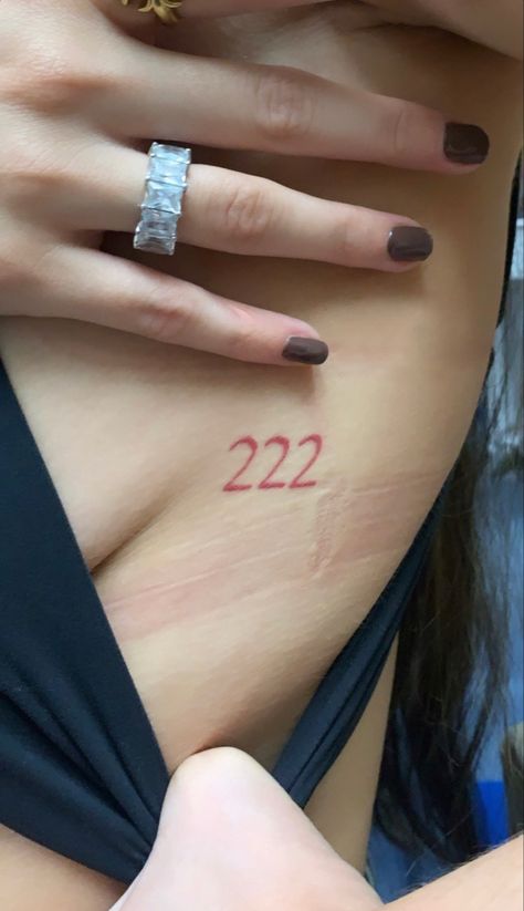 2222 Tattoo Ideas, Red Ink Tattoos Ribcage, 777 Rib Tattoo, 444 Tattoo Rib Cage, 777 Tattoo Red, 2222 Tattoo, Red Ink Tattoos Angel Numbers, Small Tattoos Ideas For Women, Simple Red Tattoo