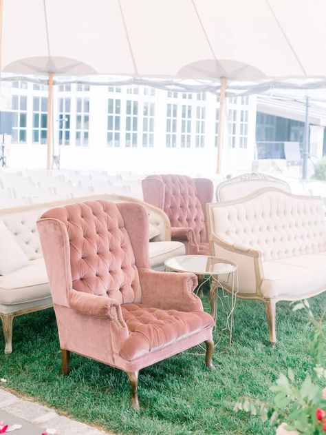 Couches and Chairs as Ceremony Seating Pink Sweetheart Table, Pink Lounge Chair, Hanging Flowers Wedding, Wedding Lounge Area, Seating Wedding, Pink Flower Arrangements, Romantic Ceremony, Pink Centerpieces, Suits Ideas