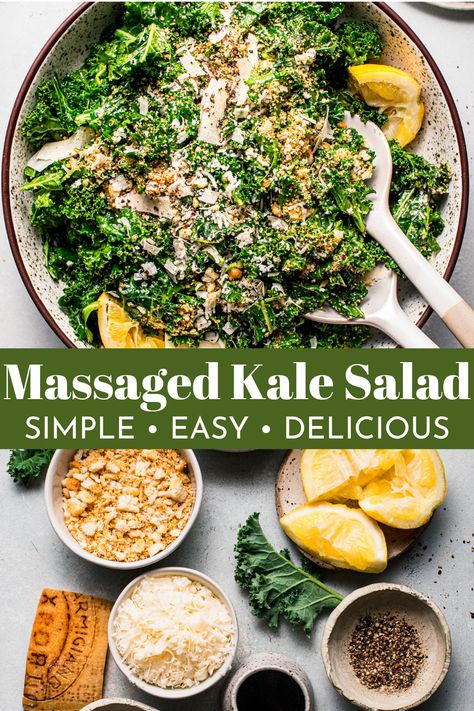 This Simple Kale Salad tosses kale, parmesan cheese, and croutons with a zesty lemon dressing to give you a perfect light meal or healthy side dish for any occasion. Ready in 10 minutes! Lacinato Kale Salad, Kale Caesar Salad Recipes, Marinated Kale Salad, Simple Kale Salad, Chickpea Feta Salad, Kale Salad Dressing, Kale Feta, Feta Salad Recipe, Lamb Dinner