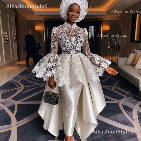 White Dresses For Church, 3d Fashion Illustration, Afro Dresses, Modest Lace Dress, White Lace Gown, Extravagant Wedding Dresses, African Traditional Wedding Dress, African Wedding Attire, Happy New Month