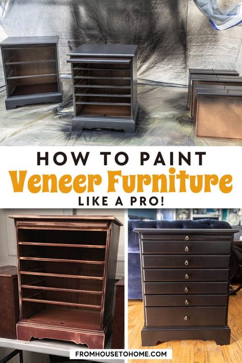 Paint Veneer Furniture, Painting Veneer Furniture, Painting Veneer, Cedar Chest Redo, Diy Furniture Painting, Furniture Makeover Ideas, Veneer Furniture, Spray Paint Wood, How To Spray Paint