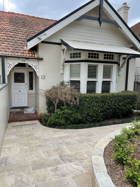 Lithic Australia's Katika travertine pavers used for an front entrance walkway. Travertine Tile Front Porch, Travertine Entrance, Travertine Front Entrance, Sandstone Front Entrance, Travertine Alfresco, Travertine Pavers, Small Front Porches, Front Entrances, Main Entrance