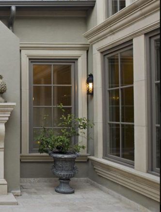 Brown Window Trim Exterior, Stone Around Window Interior, Taupe Window Trim, French Window Trim, French Casement Windows Exterior, European Windows Exterior, European Window Trim, Greige Windows Exterior, French Gray Windows