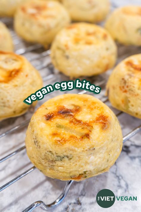 These vegan egg bites are perfect for a grab and go breakfast or snack. It's high protein, meal prep and freezer friendly! Vegan Egg Bites, Breakfast Freezer Meals, Vegan Fast Food Options, Protein Meal Prep, High Protein Meal, Vegan Egg, Egg Wrap, Vegan Fast Food, High Protein Meal Prep