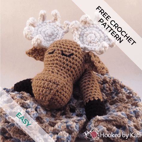 Moose Lovey Blanket | Free Crochet Pattern | Hooked by Kati Crochet Borders For Blankets, Crochet Moose, Crochet Lovey Free Pattern, Lovey Baby Blanket, Zig Zag Crochet, Amigurumi For Beginners, Lovey Pattern, Crochet Lovey, Crochet Toys Free