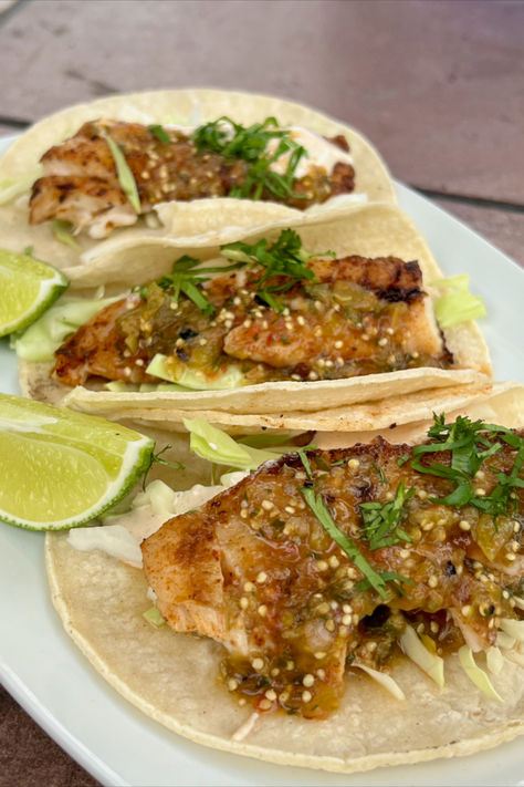 These Seared Fish Tacos are easy to make and always a crowd favorite. Pair the seared fish with the Charred Tomatillo Salsa for an acidic spice and the Chipotle Lime Crema to give it a refreshing citrus finish. Culinary Seasons seared the fish with some chipotle spiced seasoning mix to give the rockfish a boost of flavor. Topping the tacos with Lime Crema and the Charred Tomatillo salsa to round out the flavors of these tacos. #tacos #rockfish #limecrema #tomatillosalsa Rockfish Tacos, Chipotle Lime Crema, Hatch Chile Salsa, Seasoning For Fish, Chile Salsa, Seared Fish, Lime Crema, Hatch Chile, Vegetable Prep