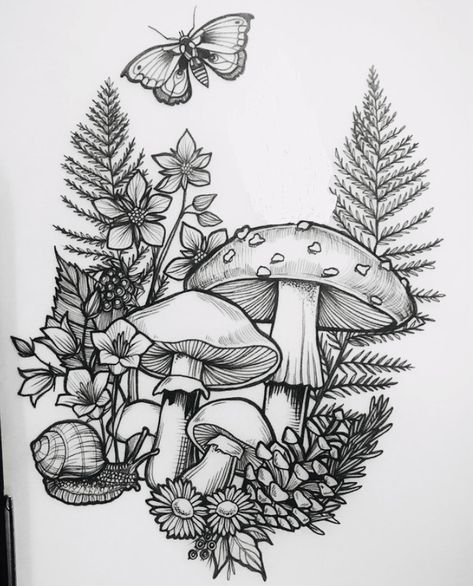 Cute Tats, Phoenix Tattoo Design, Mushroom Tattoos, Forest Tattoos, Mushroom Drawing, Fairy Tattoo, Knee Tattoo, Doodle Art Designs, Nature Tattoos