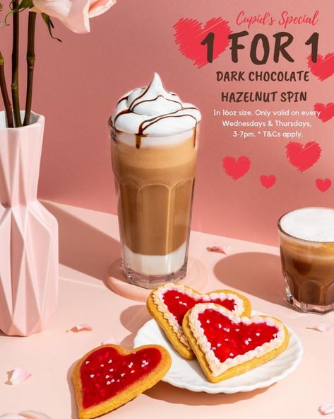 Spinelli Coffee Company Singapore 1-for-1 Valentine's Day Promotion 13 Feb - 7 Mar 2019 Valentines Drinks Coffee, Valentine Cake Photography, Valentines Day Product Photography, Valentine Promotion, Valentine Drinks, Valentine Cocktails, Valentines Day Coffee, Coffee Sale, Valentine Coffee