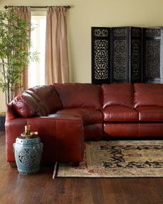 Red Leather Sectional I would build around the bold color of red with dark wood furnishings Maroon Leather Couch Living Rooms, Dark Red Leather Couch, Dark Red Couch, Red Leather Sofa Living Room, Red Leather Sectional, Red Leather Couch, Receiving Room, Red Sofa Living, Red Leather Couches