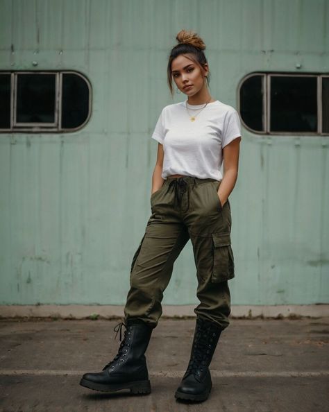 Cargo Pants With Boots, Green And Black Outfits, Cargo Pants Green, Black Combat Boots, Pants Green, Fashion Portrait, Art References, Basic Tee, Dark Hair