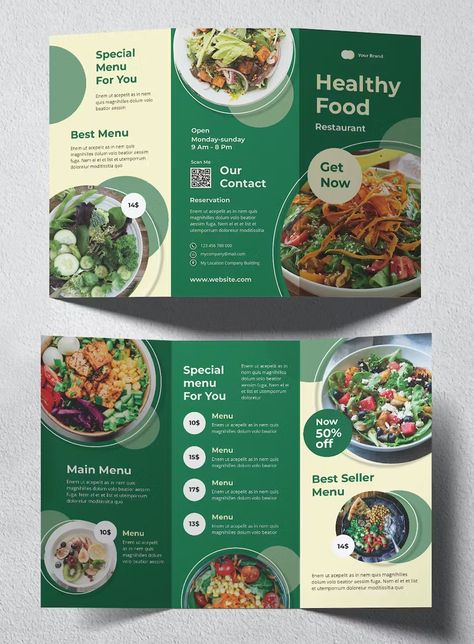 Healthy Food Trifold Brochure Template INDD Food Menu Brochure Design, Food Trifold Brochure Design, Food Brochure Design Ideas, Food Brochure Design Layout, Healthy Food Menu Design, Pamplet Layout Design, Brochure Design Food, Food Brochures, Food Pamphlet