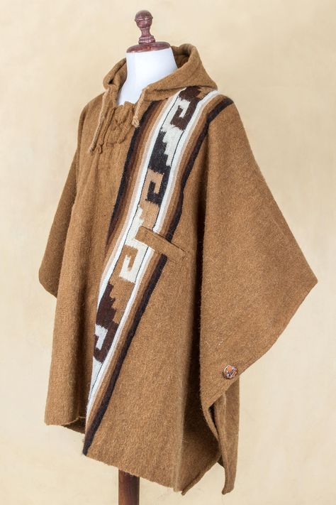 Men's Brown Alpaca Blend Hooded Poncho from Peru - Andes Sierra | NOVICA Poncho Men, Mens Poncho, Estilo Hippie, Hooded Poncho, Fantasy Clothing, Character Outfits, Frankenstein, African Fashion, Peru