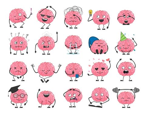 Vector brain cartoon character set with ... | Premium Vector #Freepik #vector #brain-character #cartoon-set #cartoon-brain #set Cartoon Brain Drawing, Brain Emoji, Brain Cartoon, Cartoon Brain, Brain Drawing, Brain Illustration, Face Smile, Brain Art, Different Emotions