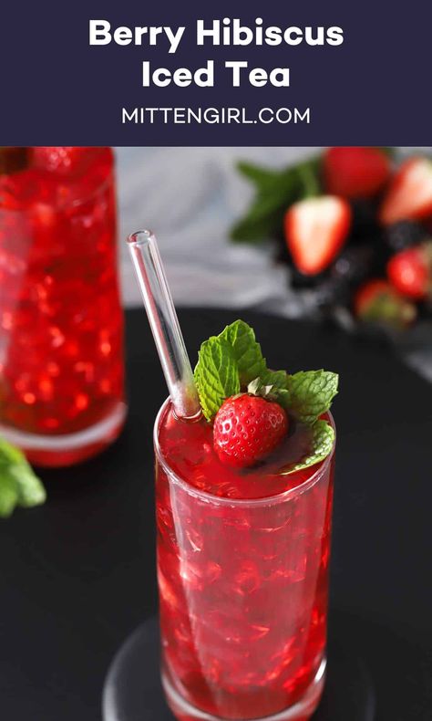 The ideal summer drink, this very berry hibiscus iced tea combines fresh berries, citrus, honey, and hibiscus for a delicious and slightly sweet sip. Wild Berry Hibiscus Tea, Herbal Iced Tea, Hibiscus Recipe, Very Berry Hibiscus Refresher, Hibiscus Iced Tea, Healing Teas, Hibiscus Drink, Berry Hibiscus, Easy Mixed Drinks