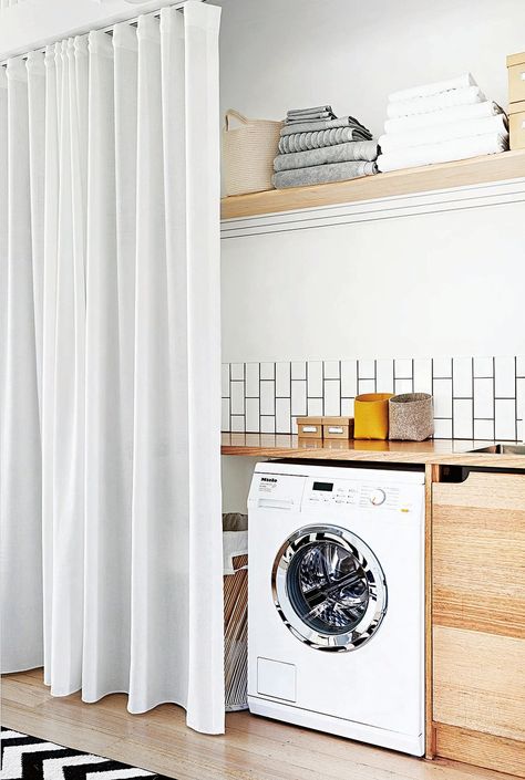 Subway Tile Laundry Room, Laundry Room Curtains, Laundry Cupboard, Blue Laundry Rooms, Laundry Room Doors, Modern Laundry Rooms, Sliding Wardrobe Doors, White Subway Tiles, Laundry Room Remodel