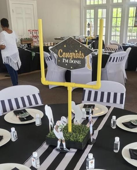 Football Themed Graduation Party, Football Graduation Party Ideas, 1st Down Birthday, Sports Banquet Decorations, Sports Banquet Centerpieces, Football Banquet Centerpieces, Football Banquet Ideas, Baby Shower For Men, Athletic Banquet