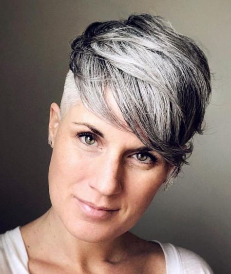 Silver Hair Short, Silver Pixie, Grey Hair Color Silver, Gray Hair Pixie Cuts, Two Toned Hair, Dark Curly Hair, Pixie Cut Styles, Short Silver Hair, Beautiful Gray Hair