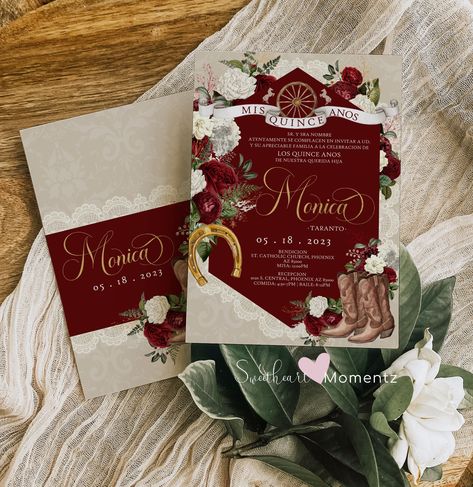 Charro Invitations Quinceanera, Western Quinceanera Ideas, Charro Theme Quinceanera, Quince Charro, Charro Quinceanera Theme, Quinceanera Charro, Quinceanera Burgundy, Charro Invitations, Quinceñera Invitations