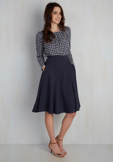 Just This Sway Midi Skirt in Navy, #ModCloth Skirt Fall Outfits, Navy Dress Outfits, Navy Dress Outfit Wedding, A Line Skirt Outfits, Navy Dress Outfit, Teacher Clothes, Summer Work Outfits, Zooey Deschanel, Church Outfits