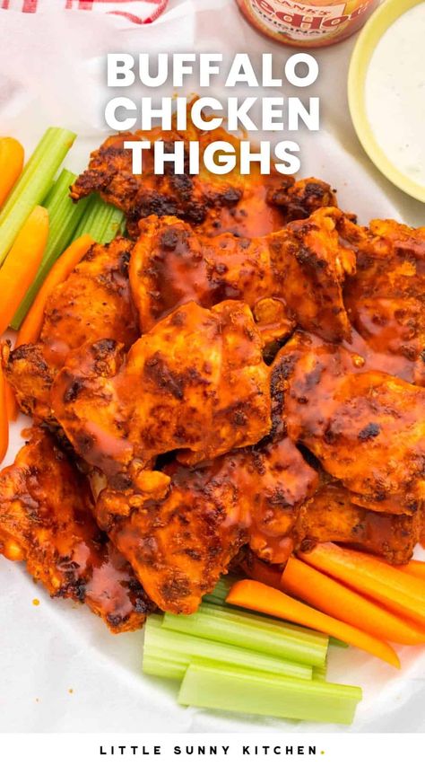 Chic Thigh Recipes, Buffalo Chicken Thigh Recipes, Buffalo Chicken Legs In The Oven, Chicken Thigh Recipes Skin On, Buffalo Chicken Thighs Boneless, Buffalo Chicken Legs, Skin On Chicken Thigh Recipes, Boneless Skinless Chicken Thigh Recipe, Chicken Thigh Recipes Buffalo