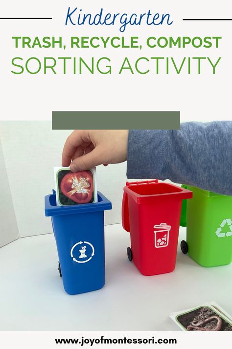 "Image of a child's hand sorting images of items into trash, recycling, and compostable miniature bins as part of the interactive Recycling Lesson Plan for preschool, kindergarten, and first grade students." Recycling Lesson Plans, Recycling Lessons, Earth Day Activity, Recycling Activities, Montessori Science, Earth Day Activities, Montessori Classroom, Sorting Activities, Recycle Trash