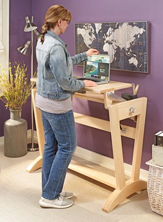 Desks Plans | Woodsmith Plans Diy Standing Desk Plans, Diy Standing Desk, Woodsmith Plans, Woodworking Desk Plans, Standing Desk Frame, Woodworking Projects Unique, Desk Plans, Unique Desks, Workbench Plans