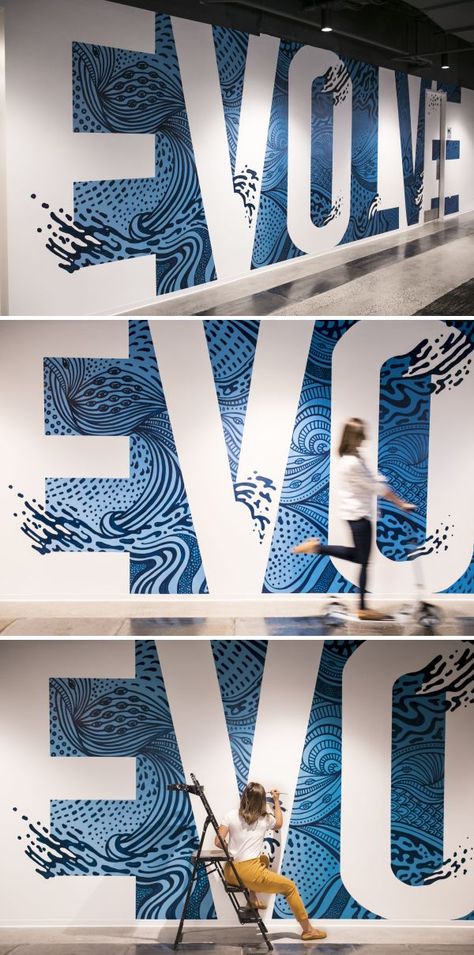 Evolve by Refinery 43 at John Hancock Tower Boston Wall Design Inspiration, Inspirational Murals Quotes, Black And White Murals, Corporate Wall Mural, Office Statement Wall, Brand Wall Design, Typographic Mural, School Wall Graphics, Shop Wall Design